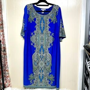 Studio One NY Paisley Midi Dress Sheath Blue Stretchy Boho Fairy Woman Plus 2X